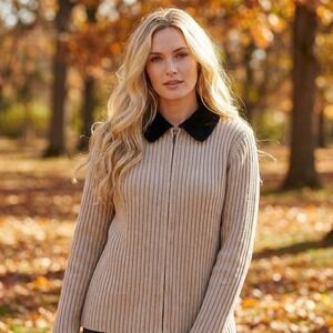 Maurada Women's Beige Ribbed Knit Zip Up Jacket Black Velvet Collar Medium